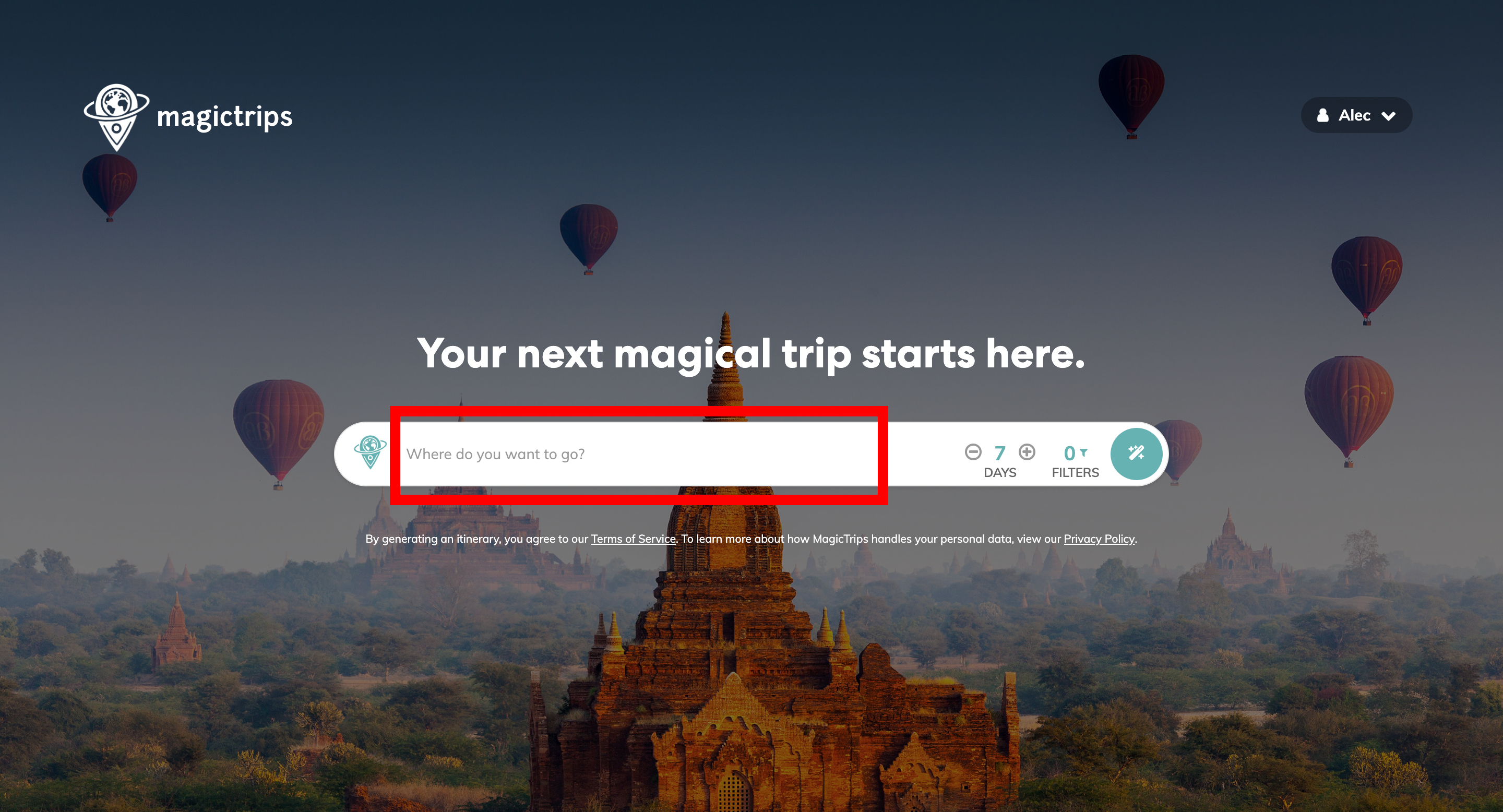 MagicTrips.ai destination entry field