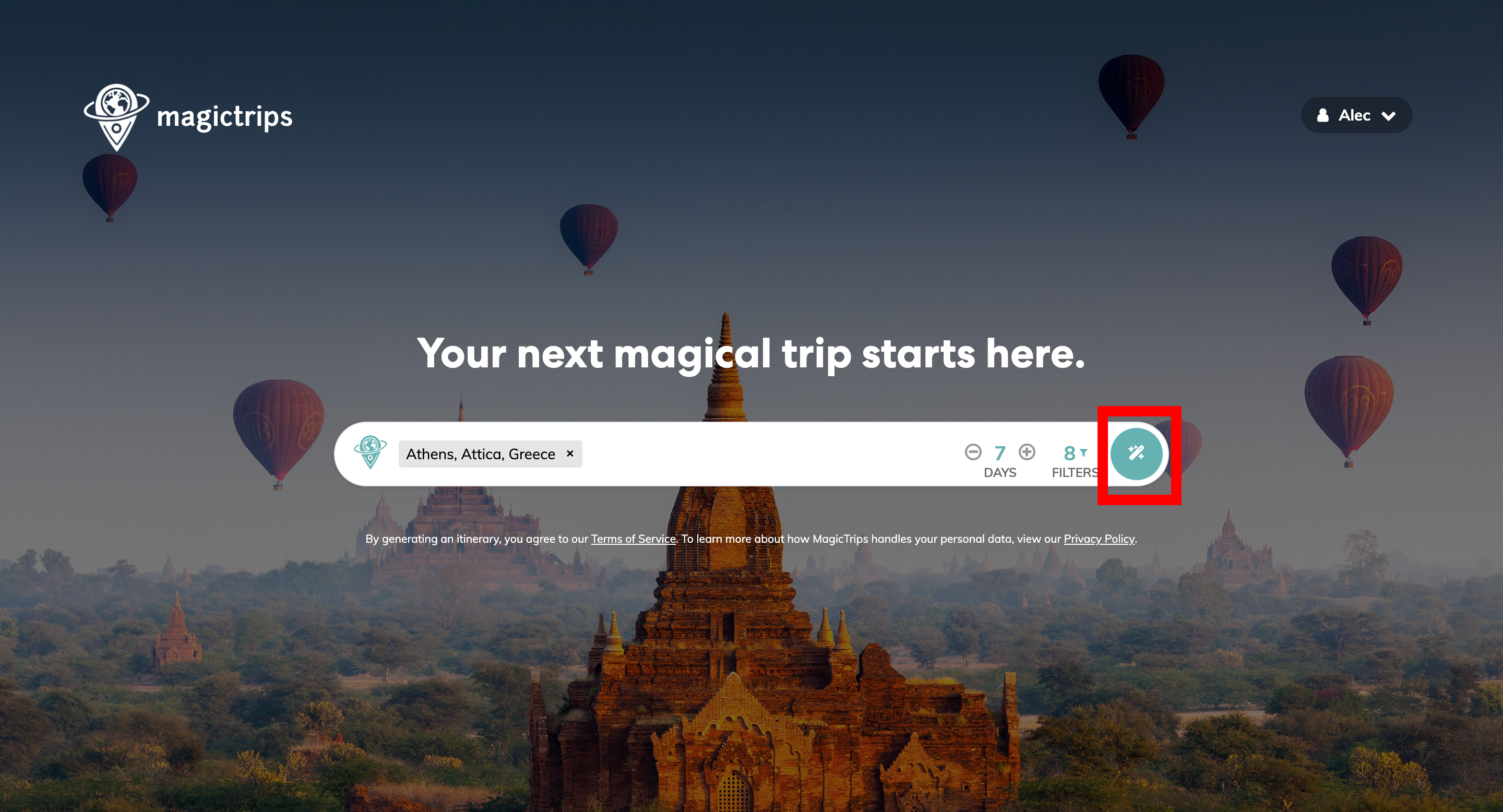MagicTrips.ai generate button highlighted